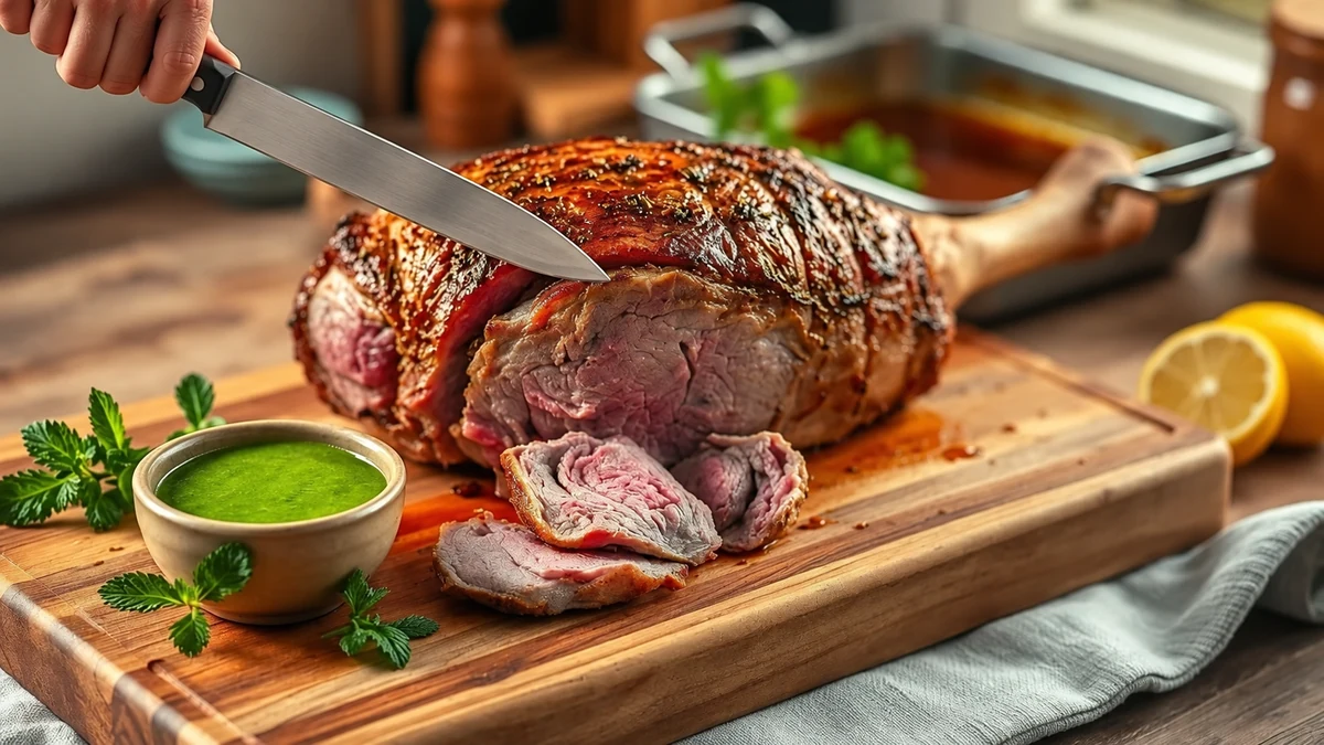 Carving roast lamb with mint sauce Carving roast lamb with mint sauce