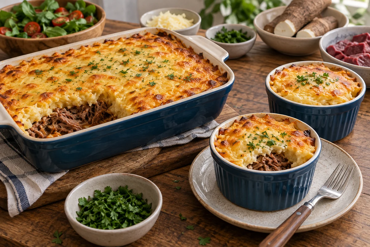 Cassava and beef pie with individual ramekin portions Cassava and beef pie with individual ramekin portions