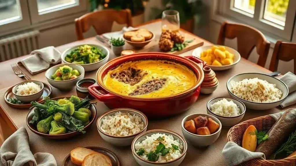 Cassava and salted beef pie served with side dishes Cassava and salted beef pie served with side dishes