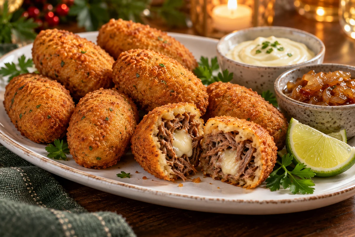 Cassava and shredded beef croquettes with dips
