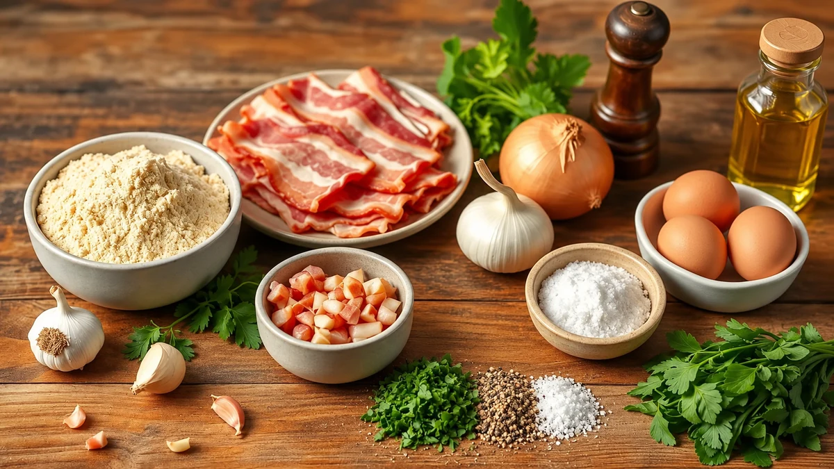 Cassava flour, bacon, eggs, onion and garlic for Brazilian farofa