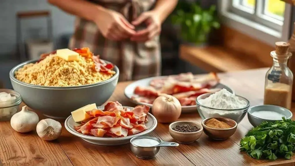Cassava flour bacon onion and garlic for farofa