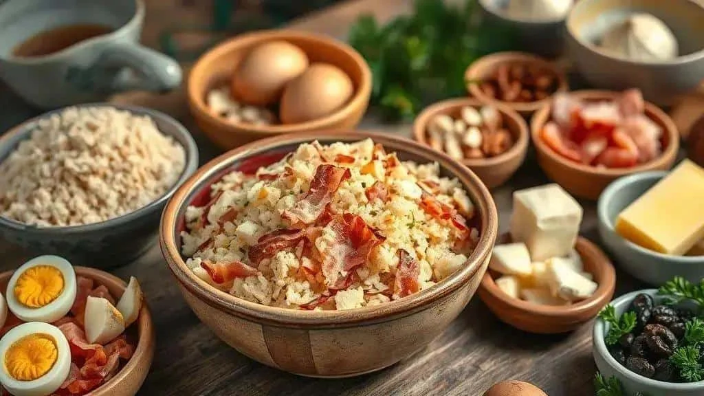 Cassava flour, eggs and bacon for traditional Brazilian farofa