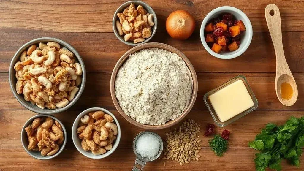 Cassava flour, mixed nuts and dried fruit arranged on a wooden table