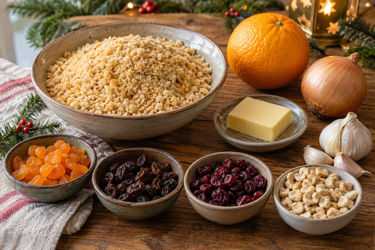 Cassava meal, dried fruit, nuts, butter, onion and orange for farofa