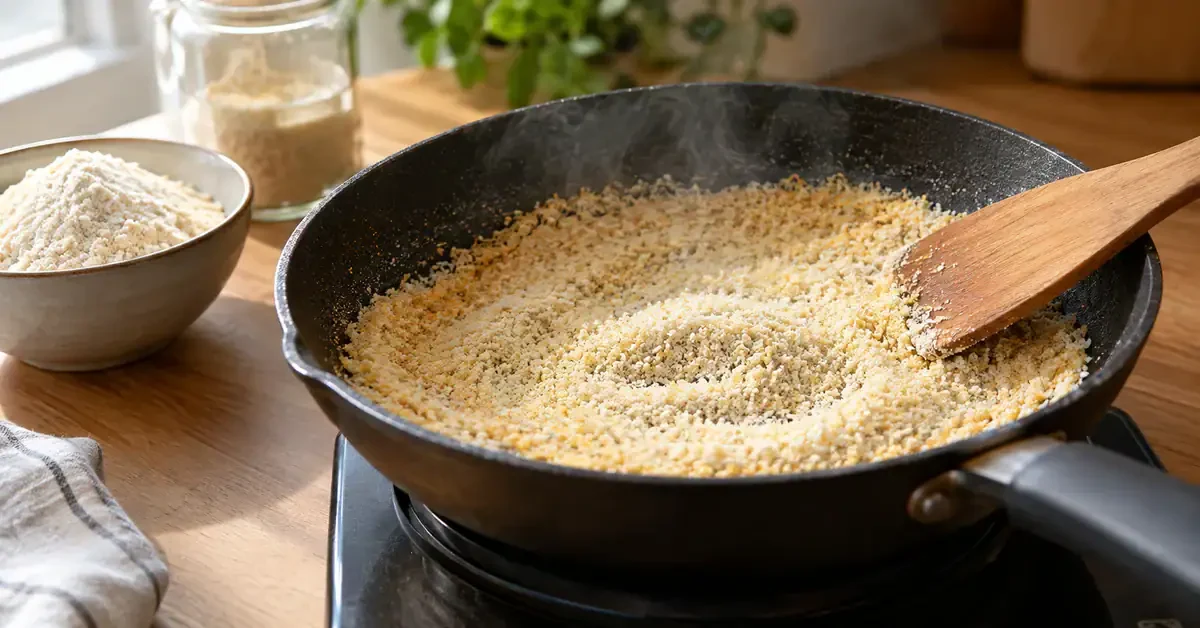 Cassava meal toasting gently in a pan