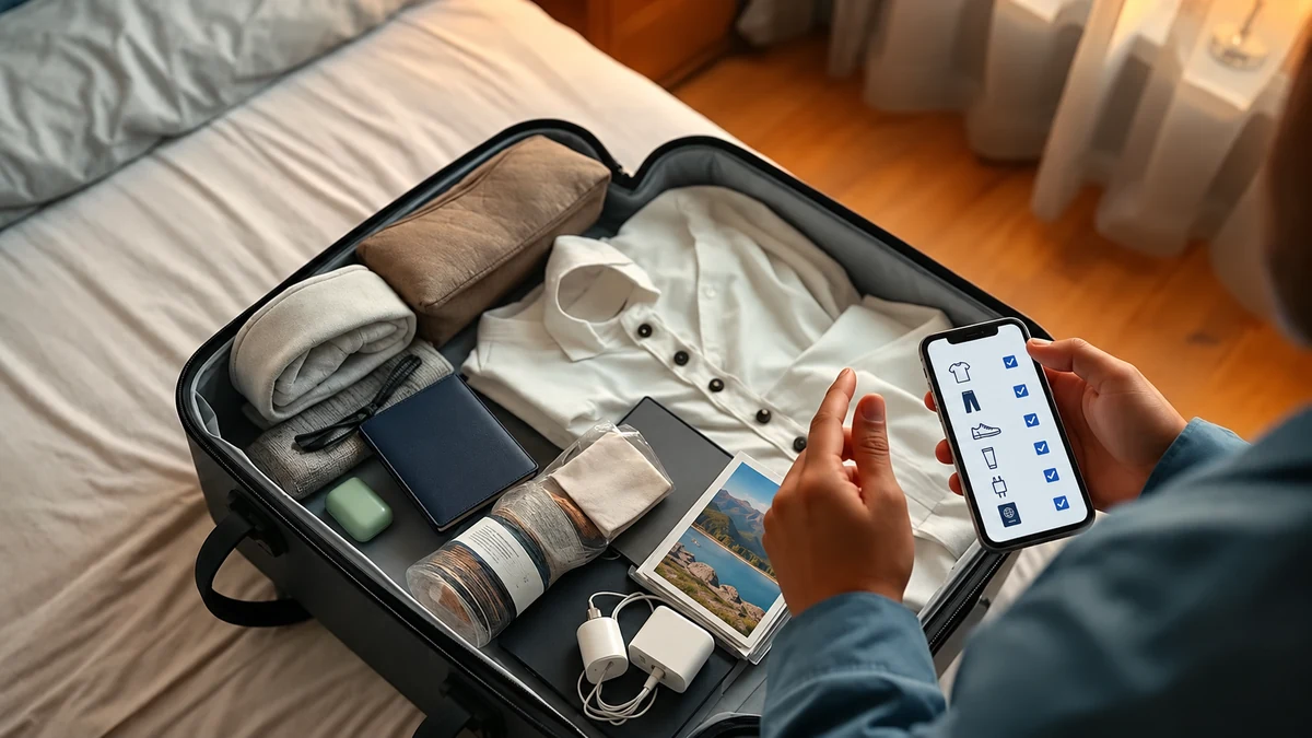 Checking a travel packing list beside an open suitcase