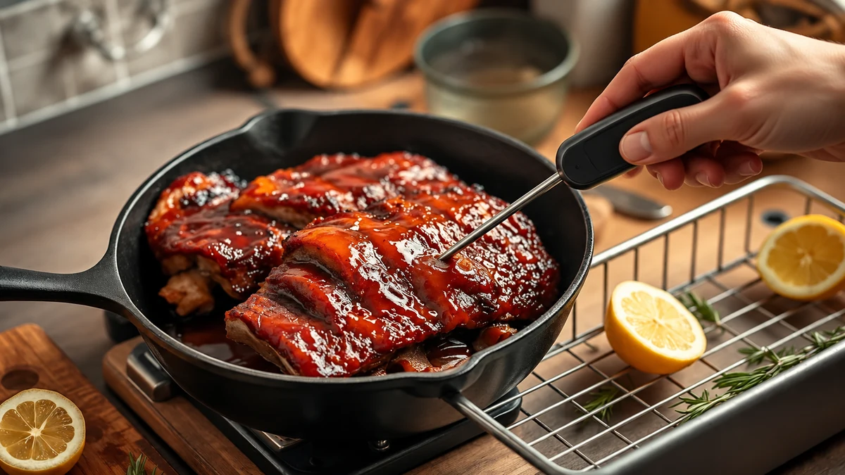 Checking pork ribs with a food probe