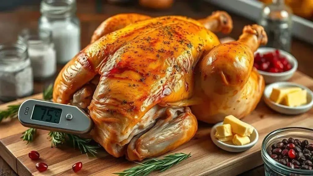 Checking roast chicken with a digital food thermometer