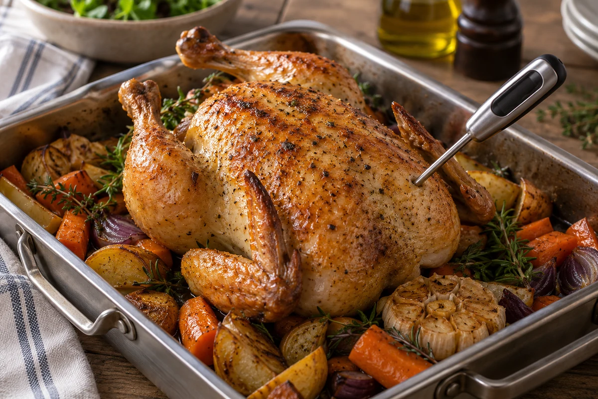 Checking roast chicken with a food thermometer Checking roast chicken with a food thermometer