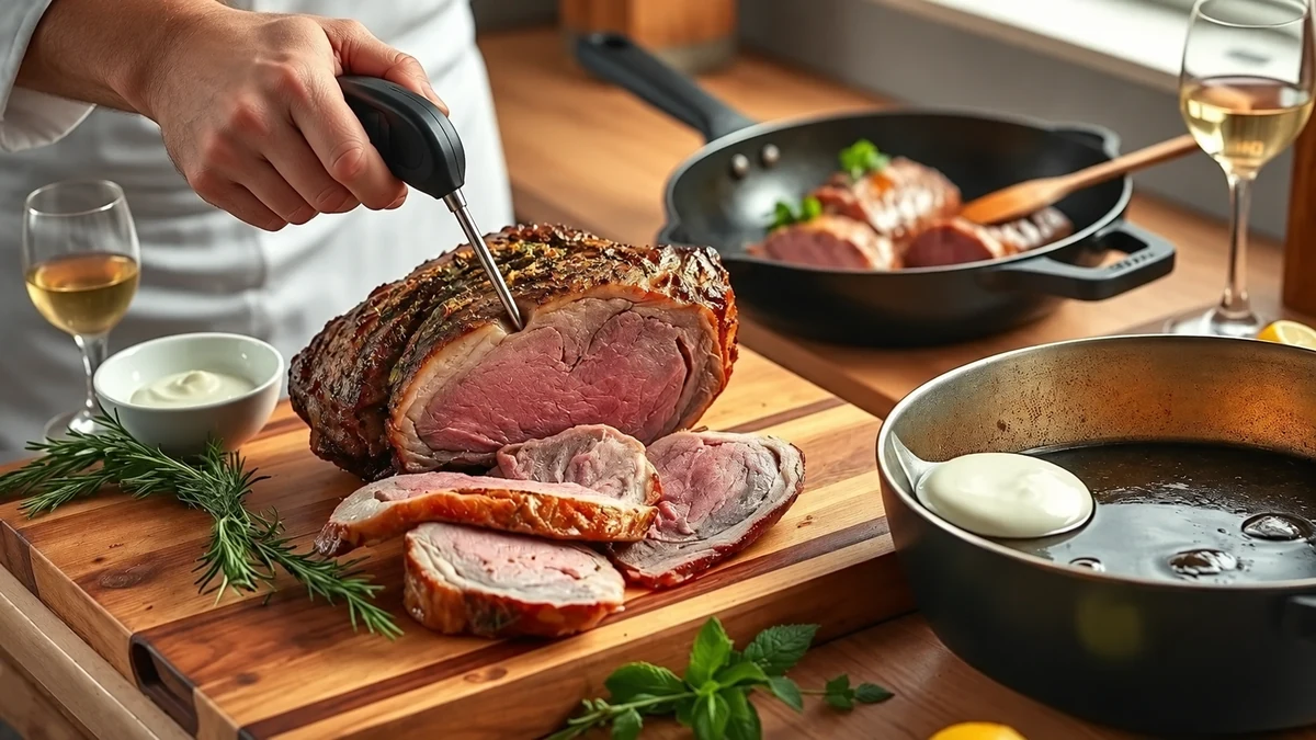 Checking roast lamb with a food probe Checking roast lamb with a food probe