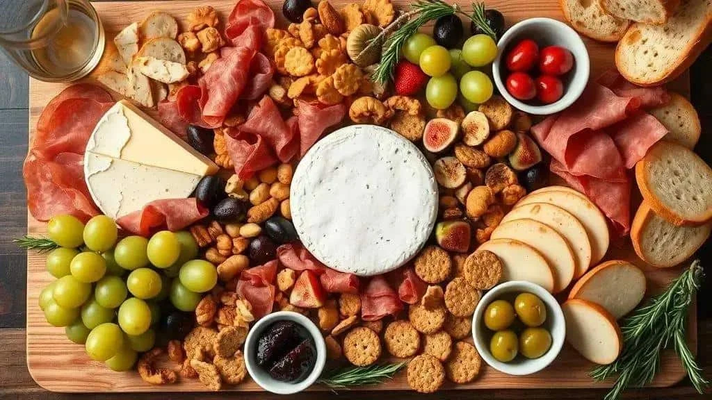 Cheese and charcuterie with crackers and bowls of olives Cheese and charcuterie with crackers and bowls of olives