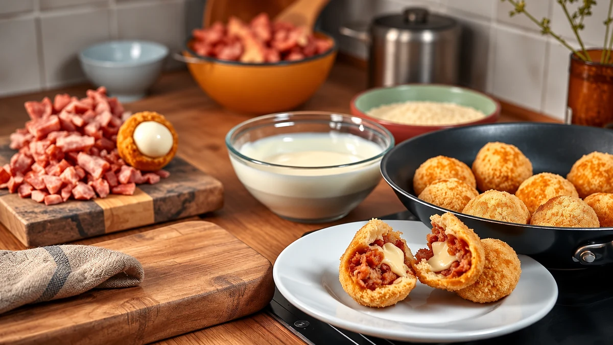 Cheese-filled sausage bites with preparation ingredients