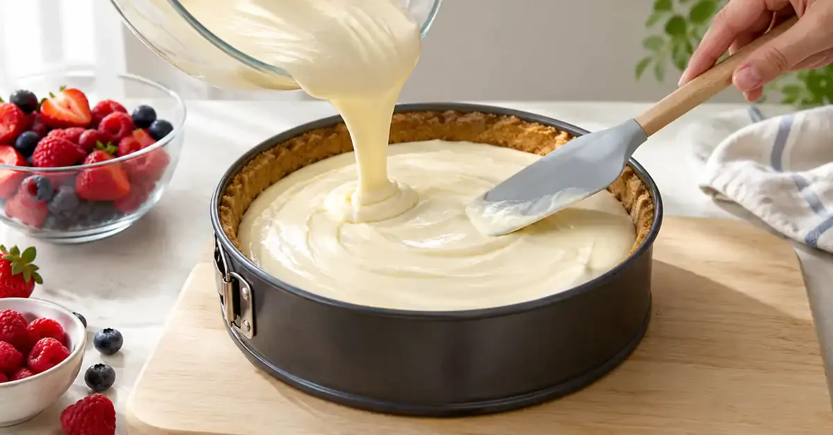Cheesecake filling being levelled in a springform tin