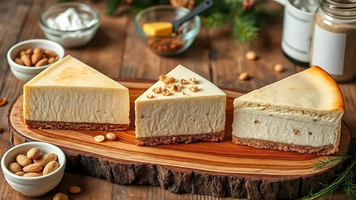 Cheesecake slices with different biscuit base textures