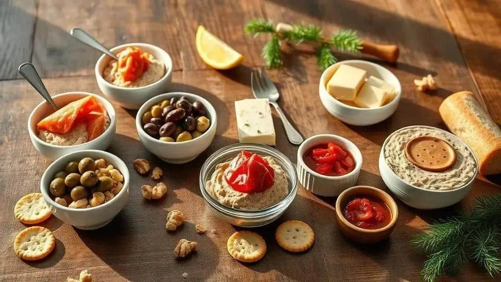 Cheeses, olives and peppers beside bowls of savoury spreads