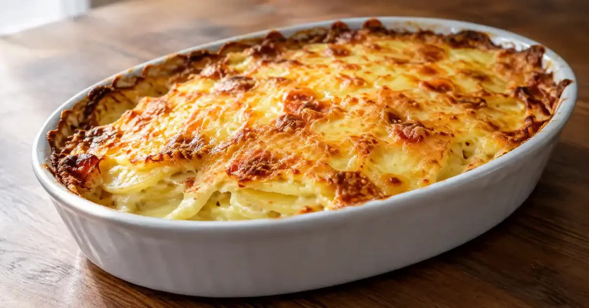 Cheesy potato gratin with a golden topping
