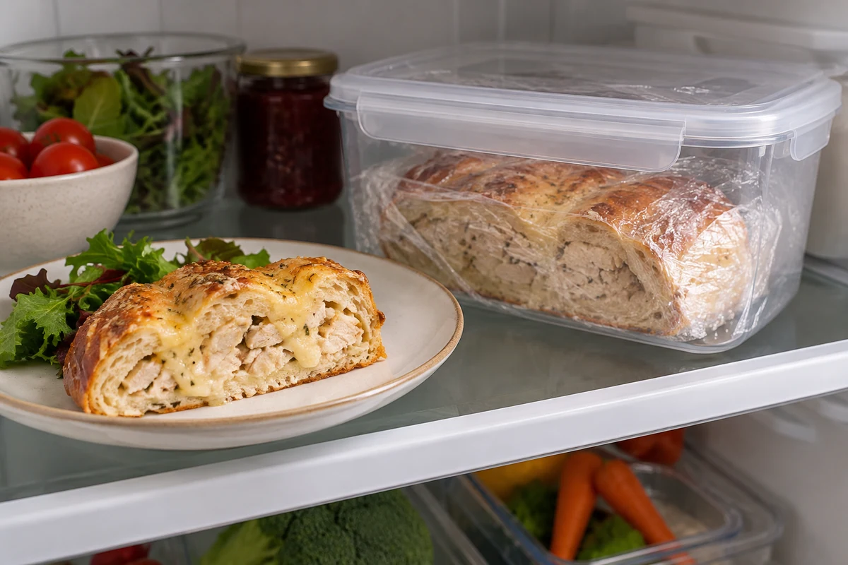 Chicken and cheese bread stored in a covered fridge container Chicken and cheese bread stored in a covered fridge container