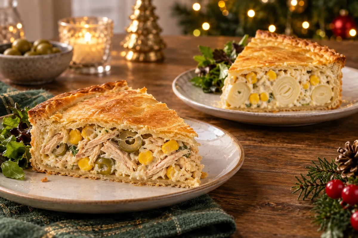 Chicken and hearts of palm shortcrust pie slices