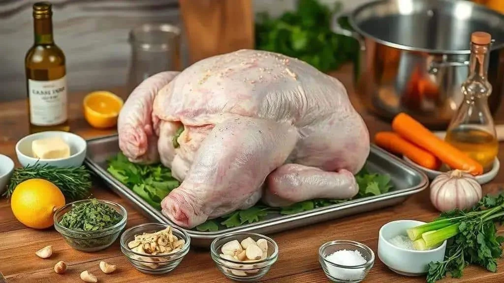 Chicken and ingredients for a herb butter roast