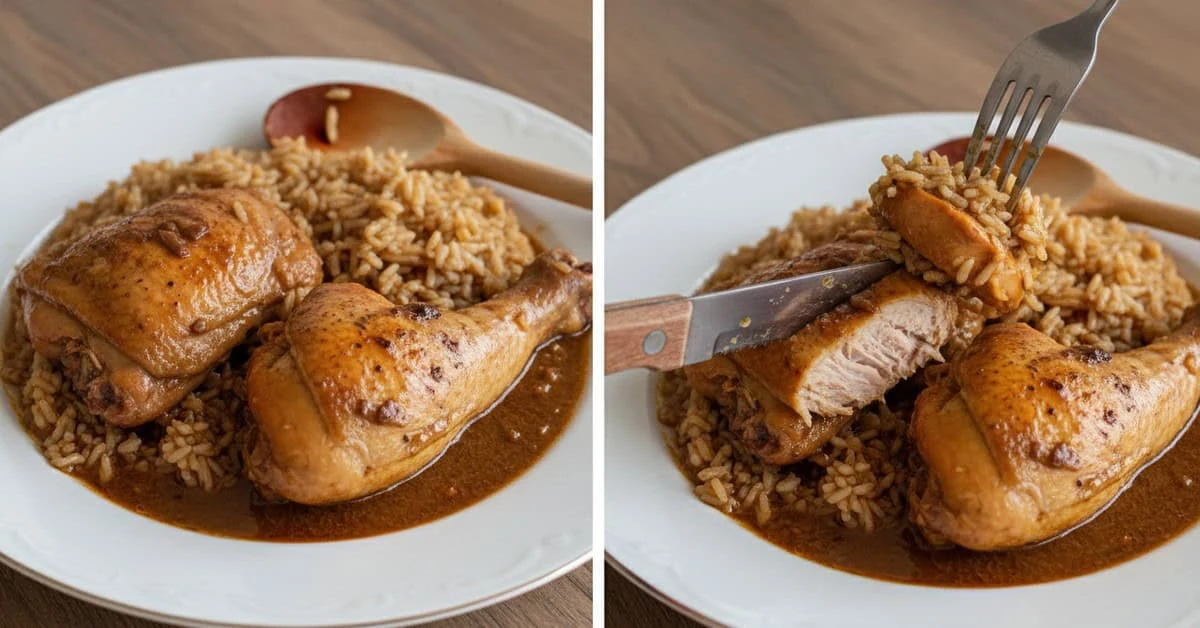 Chicken and rice in a dark Brazilian cabidela sauce