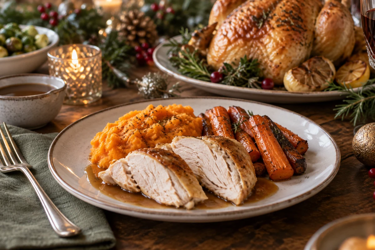 Chicken breast with mash and roast vegetables