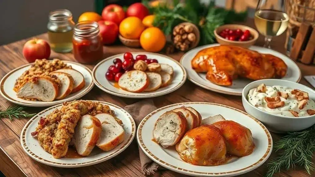 Chicken dishes with fruit and nut accompaniments