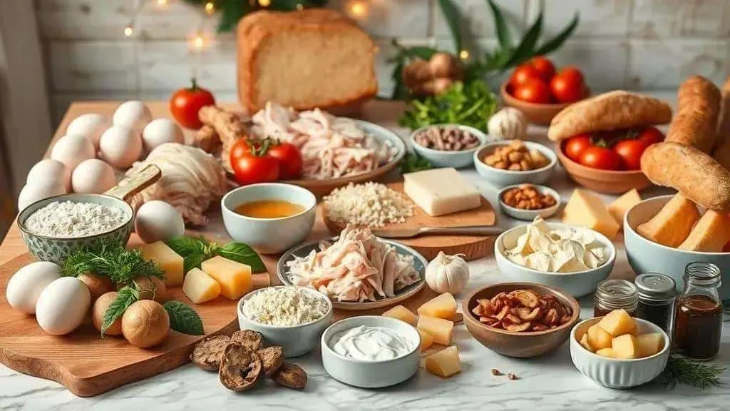 Chicken, flour, eggs, cheese, bread and vegetables for Christmas snacks
