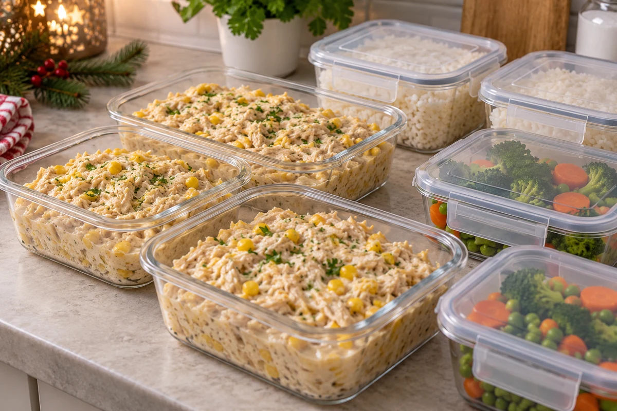 Chicken fricasse portions in shallow food storage boxes Chicken fricasse portions in shallow food storage boxes