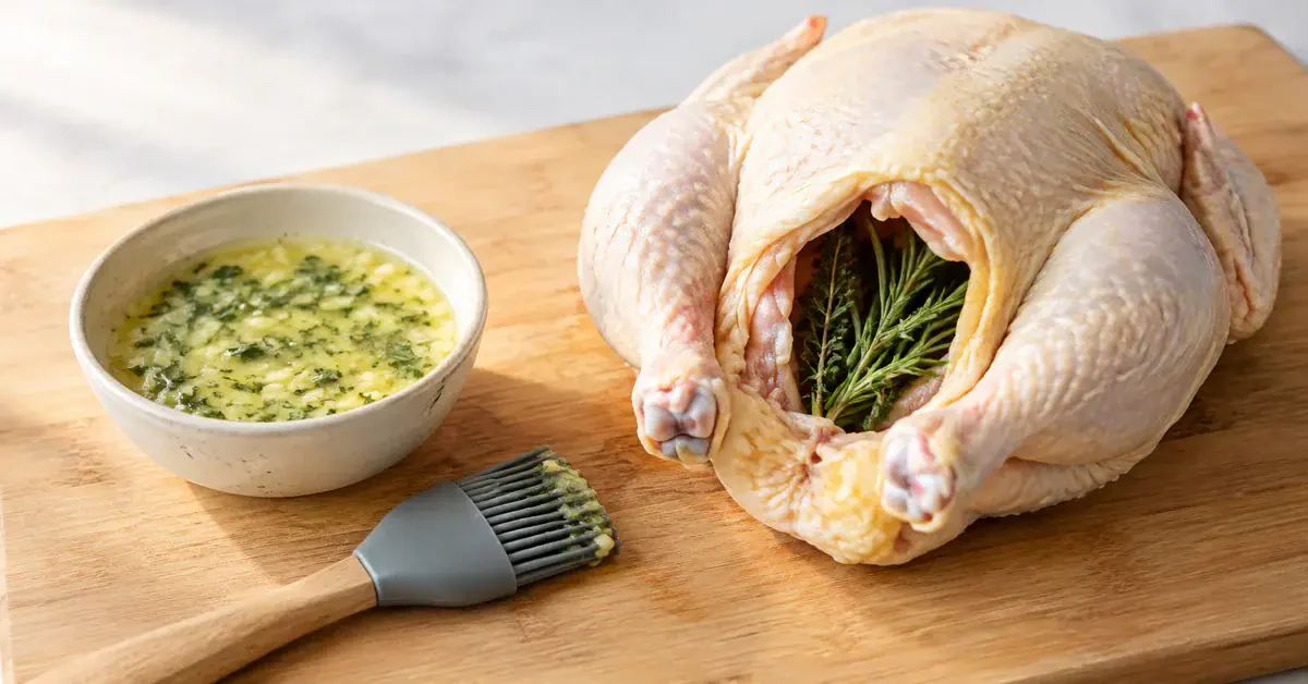 Chicken prepared with herbs beside seasoned butter