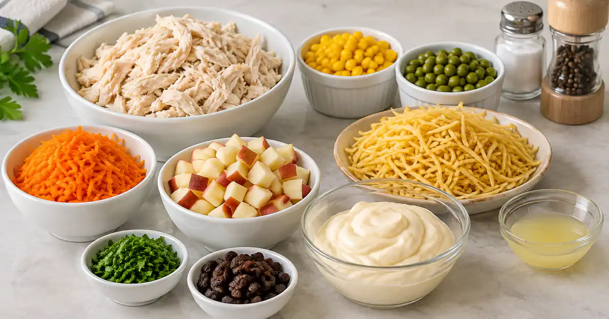 Shredded chicken, vegetables, apple, mayonnaise and crispy potato sticks