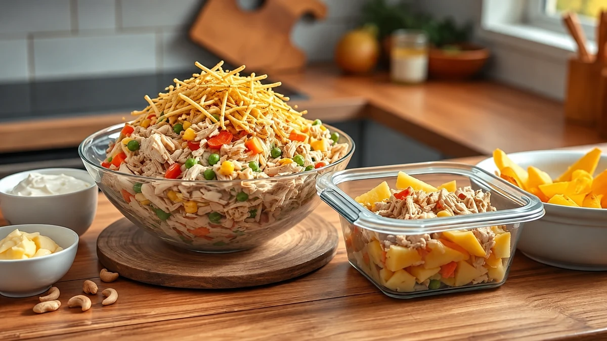 Chicken salpicao with shoestring potato crisps and a separate portion