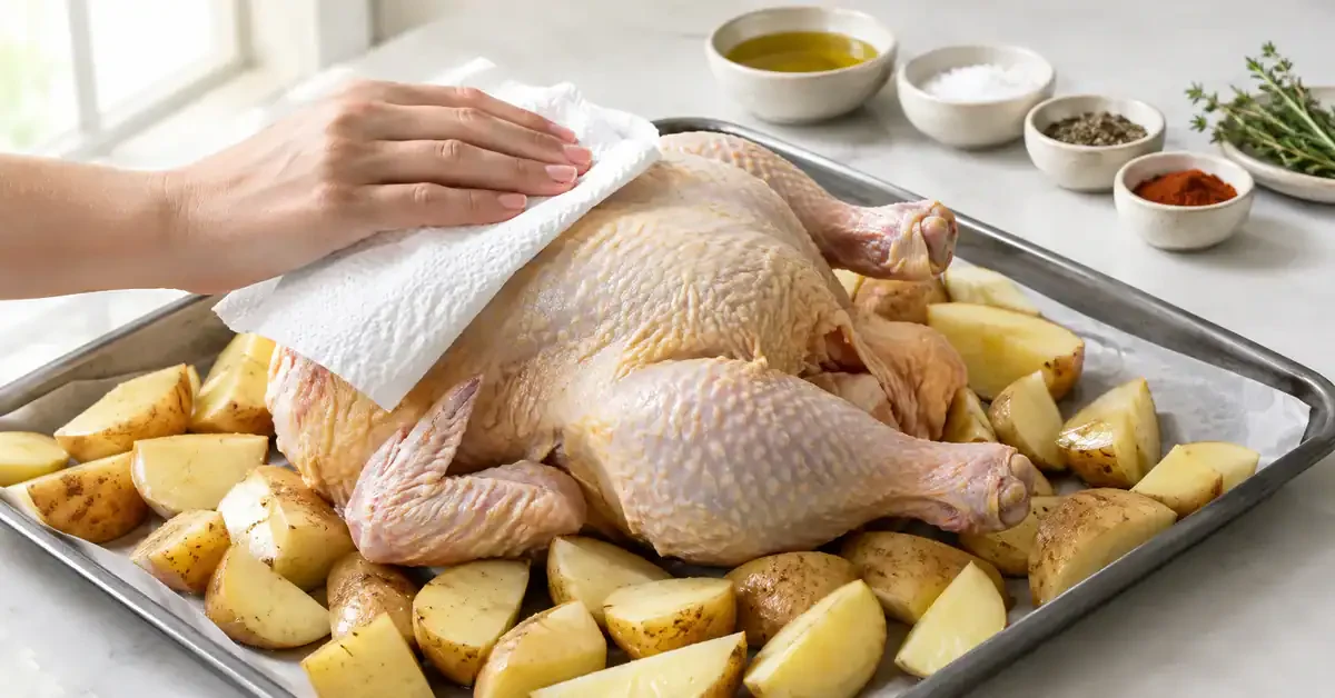 Chicken skin being blotted with kitchen paper before roasting Chicken skin being blotted with kitchen paper before roasting