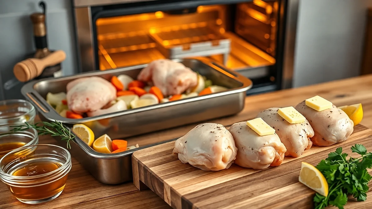 Chicken thighs with butter and herbs ready for roasting