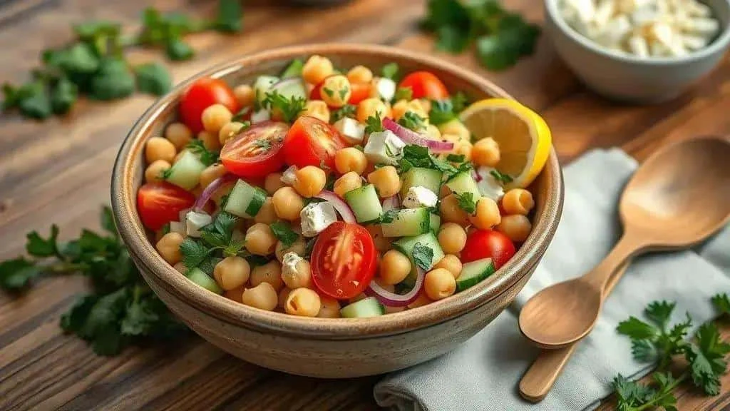 Chickpea cucumber and tomato salad with herbs