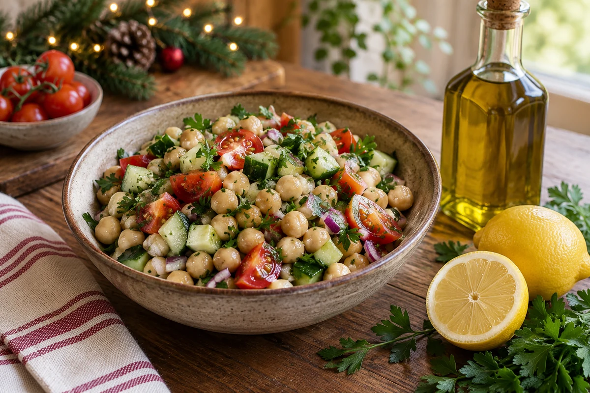 Chickpea salad with cucumber, tomato, red onion, parsley and lemon Chickpea salad with cucumber, tomato, red onion, parsley and lemon