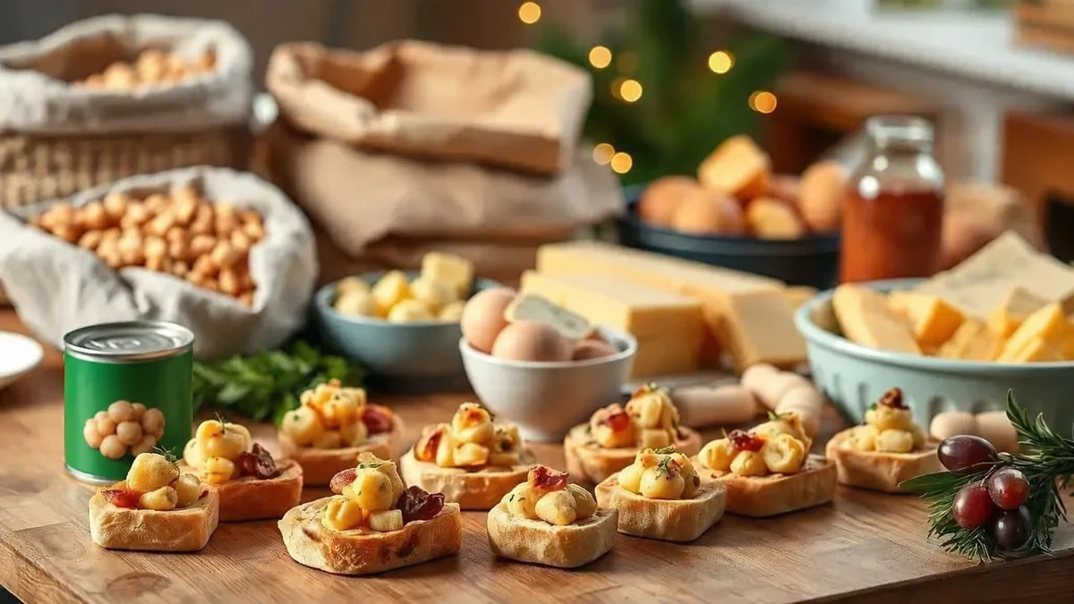 Chickpea-topped bread bites beside affordable cooking ingredients