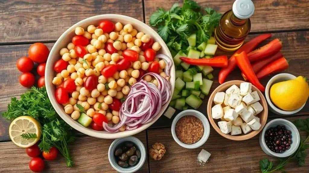 Chickpeas and chopped vegetables for a festive salad