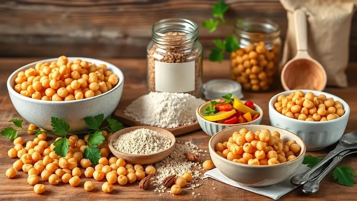Chickpeas, chickpea flour and vegetables on a wooden table