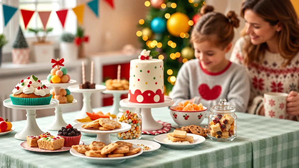 Child and adult beside a festive cake and fruit table Child and adult beside a festive cake and fruit table
