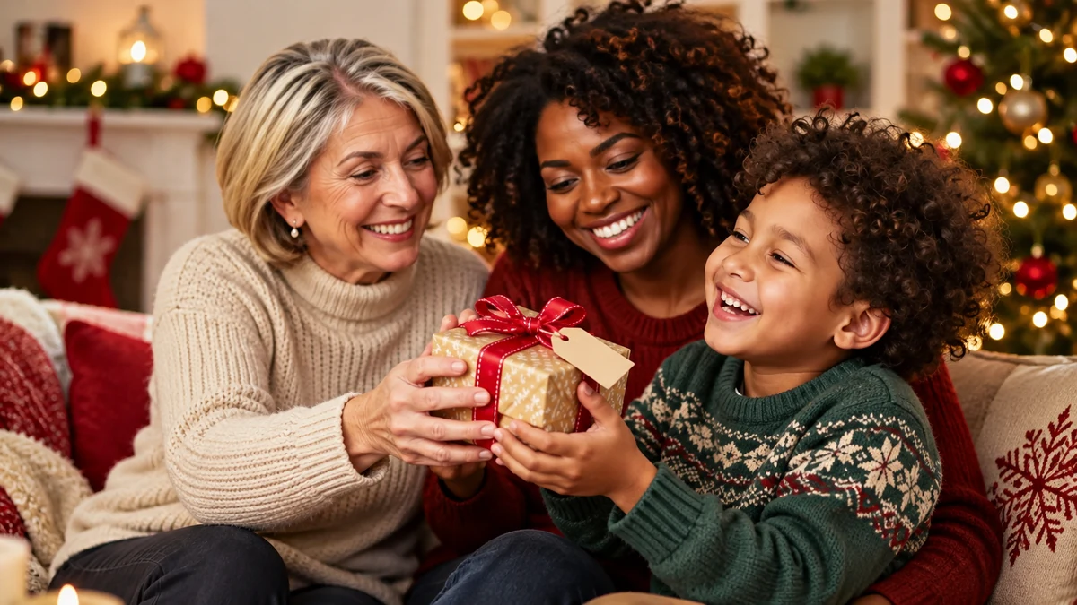 Child and adults sharing a small Christmas gift