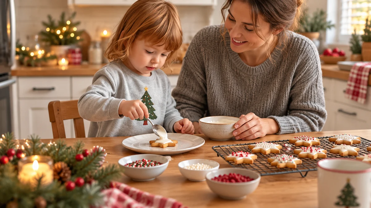 Child decorating cooled Christmas biscuits with adult supervision