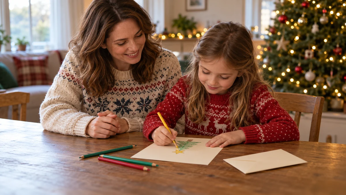 Child drawing a Christmas tree with a parent nearby
