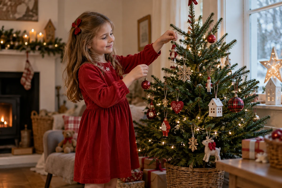 Child wearing a red Christmas dress beside a tree