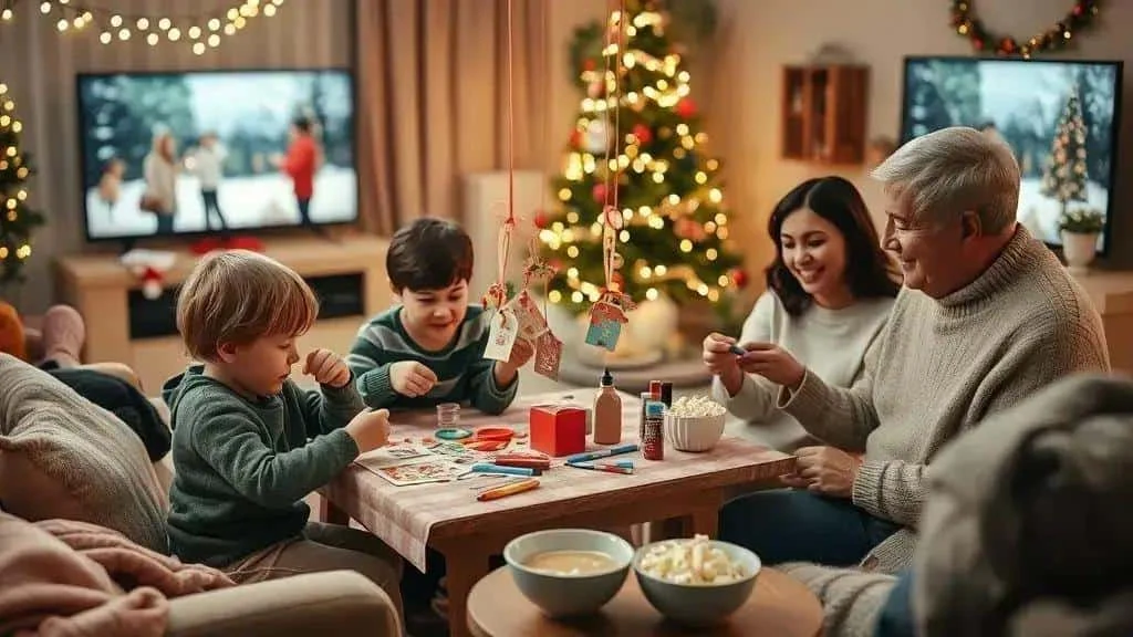 Children and adults making paper decorations before a Christmas film