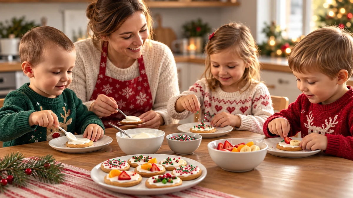 Children decorating cooled biscuits together with an adult