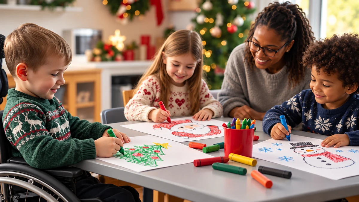 Children drawing Christmas pictures at an accessible table