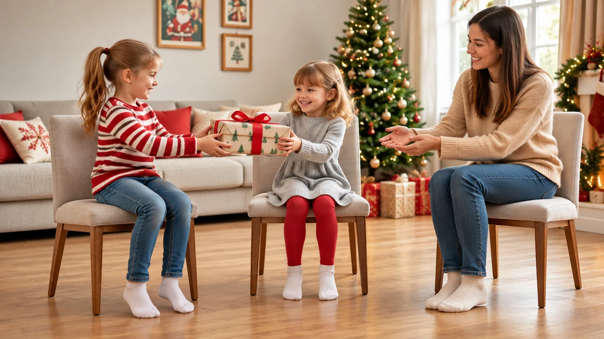 Children passing a light gift box while seated beside an adult