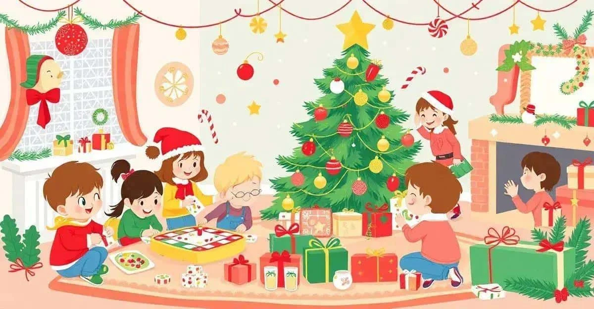 Children playing a Christmas board game in a festive illustration