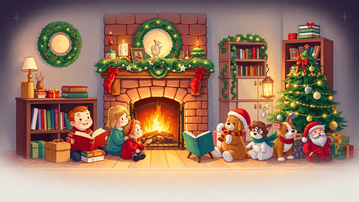 Children reading beside Christmas soft toys
